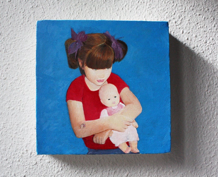 Doll little girl in blue Etsy oil painting canvas for the wall