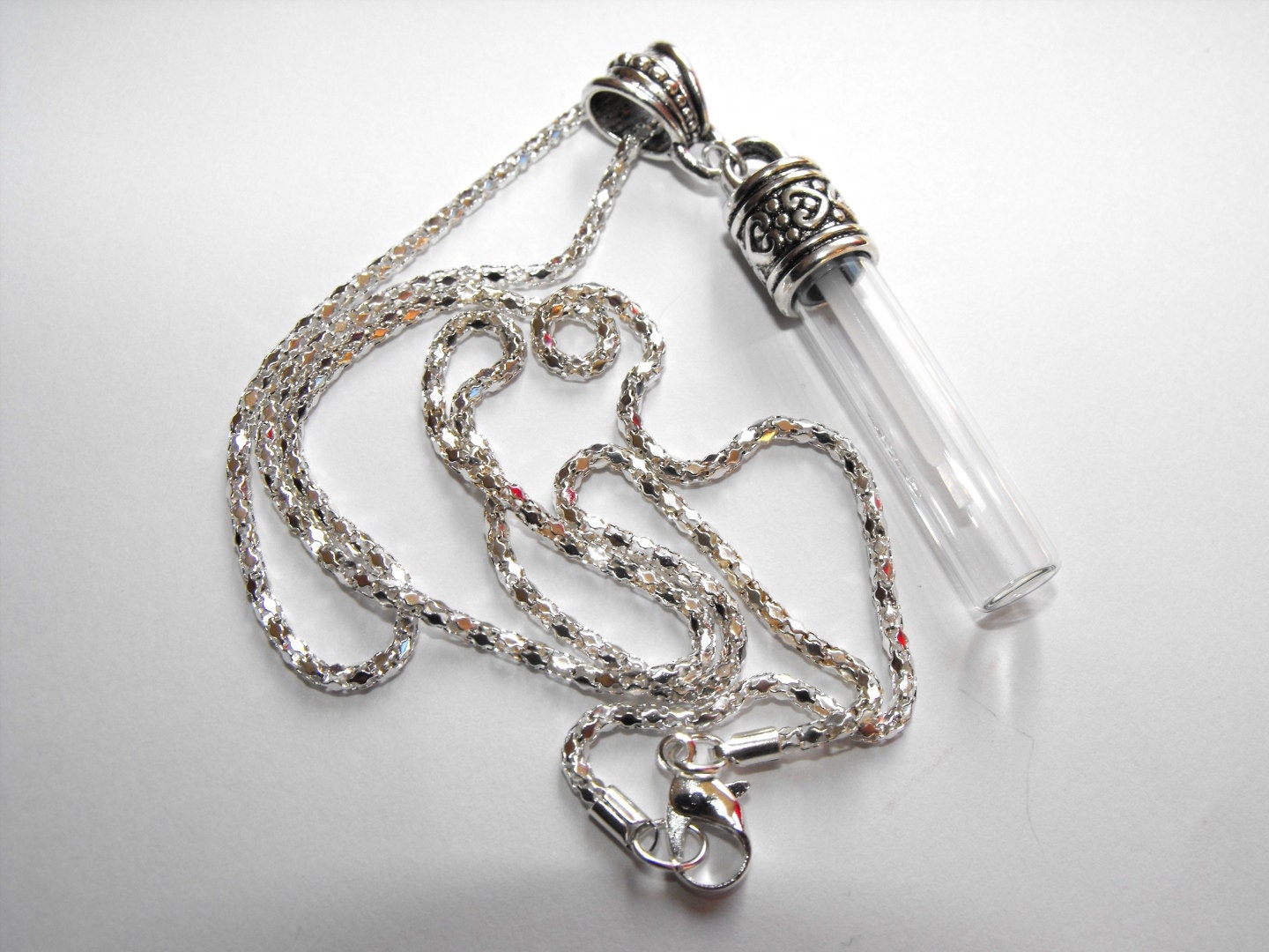 Perfume bottle necklace - empty glass vial pendant with silver plated opening top and 22 inch chain