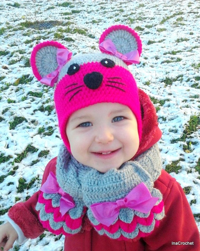 Bright pink and gray hat and  scarf, mouse hat, autumn hat, spring hat, hat with ribbons, girlish set, hat with ears, a gift for girl