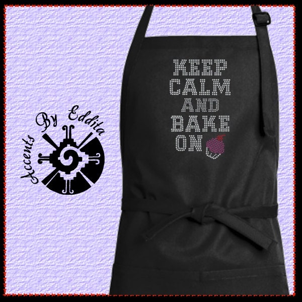 Rhinestone Chefs Apron Keep Calm and Bake On with Cute Cupcake Great for Bakers and Cooks