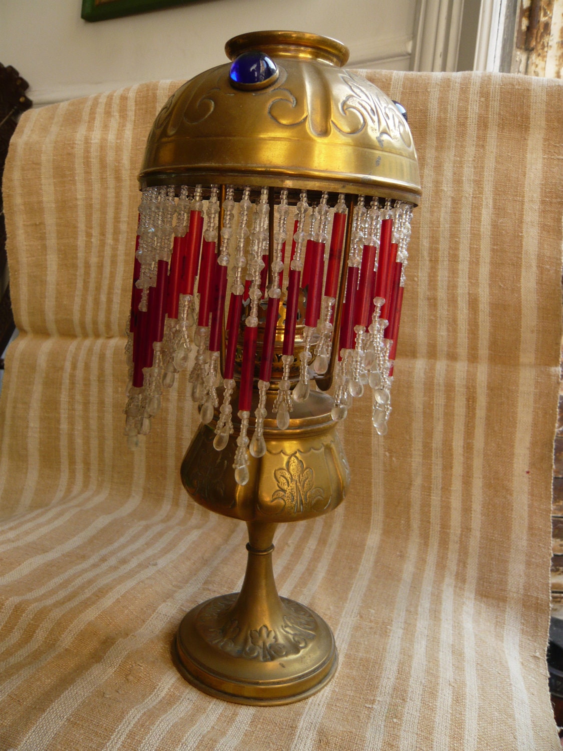 antique french brass oil lamp called"La Parisienne" with shade and beads,end 19th,early 20th