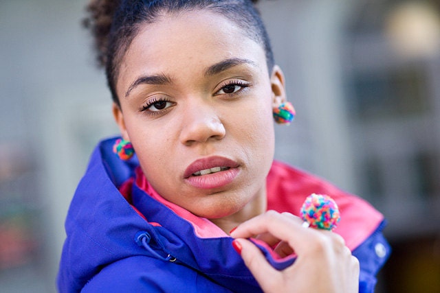 handmade ring with a multicolored pompom neon, pom pom, pompon by bimabejbe