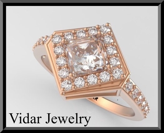 Princess Cut Diamond Engagement Ring 14k Rose Gold.Halo,unique,Luxury