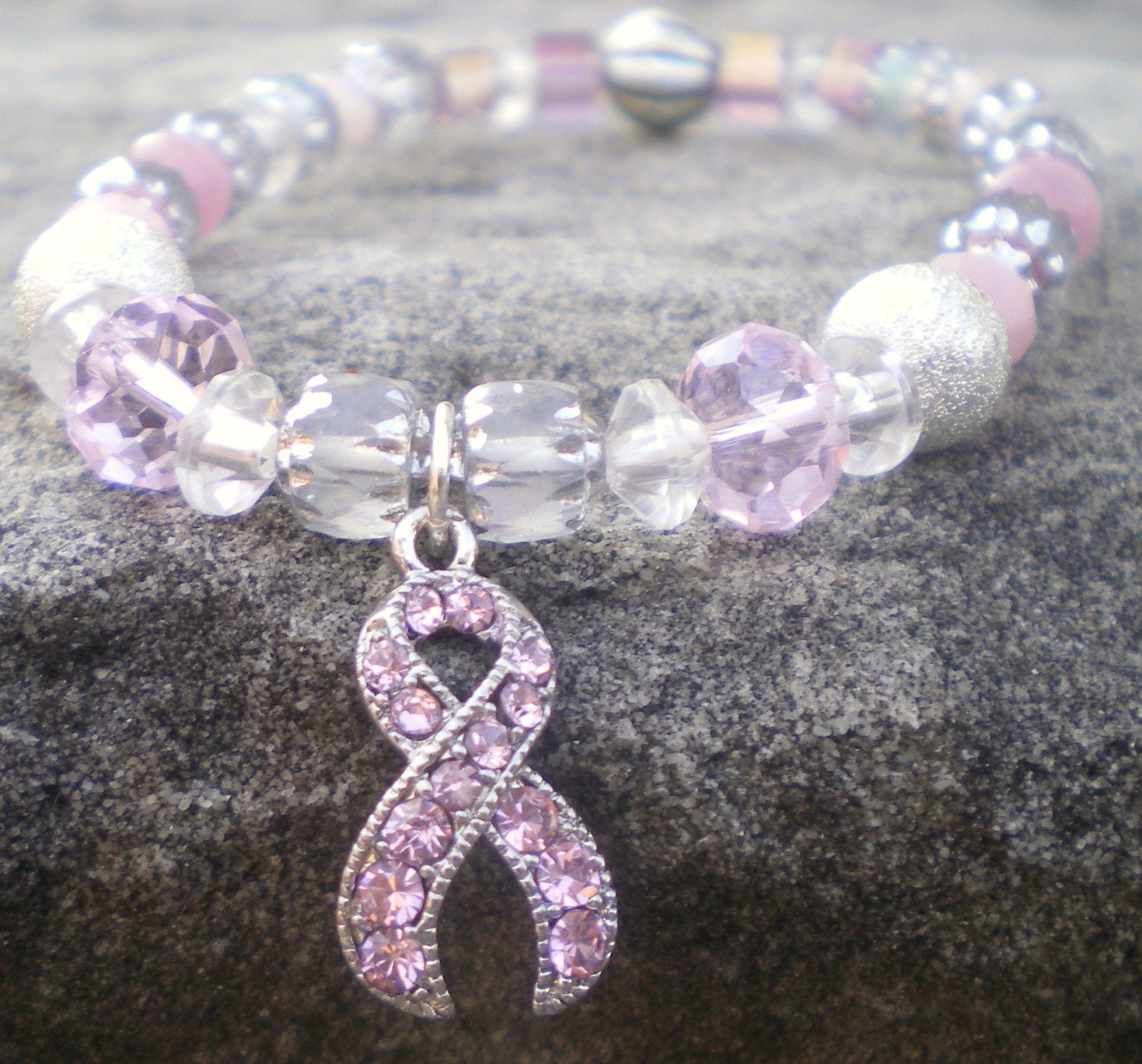 Handmade, Breast Cancer Awareness, Pink Crystal and Silver Beaded Bracelet, Donations