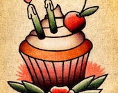 Tattoo Style Cupcake Blank Birthday Card