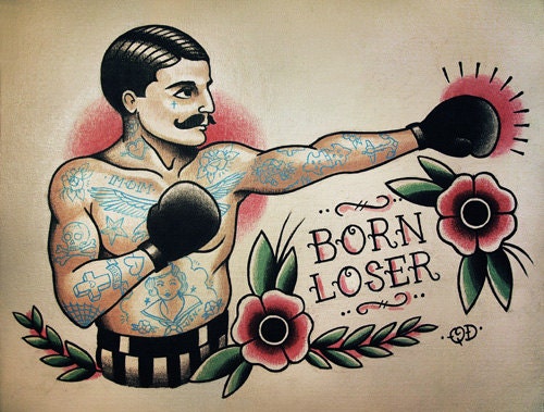 Boxer with Moustache Tattoo Flash Design