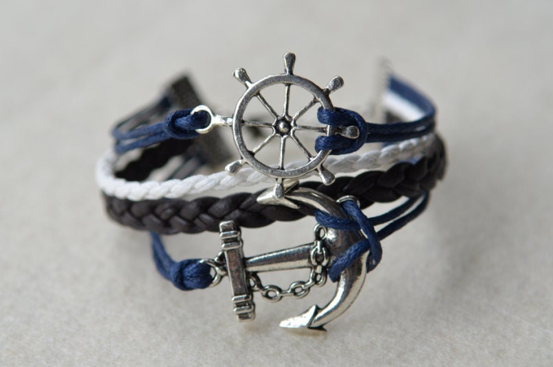 Silver Anchor & Rudder Charm Bracelet, Brown And White Braid Leather, Dark Blue Wax Cord,  Vintage bracelet