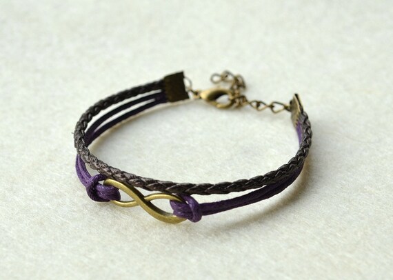 Brass Infinity Bracelet With Purple Wax Cord and Brown Braid Leather, Birthday Gift, Vintage bracelet