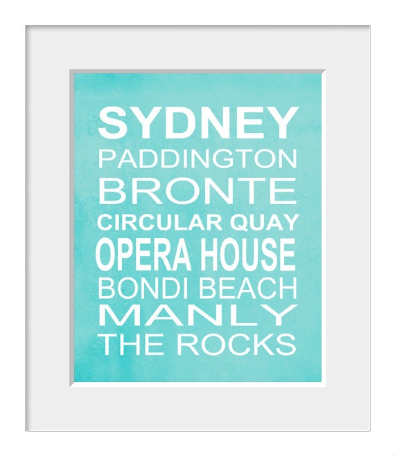 Sydney Poster, Typography Poster, Sydney, Subway Art, Australia, Bondi Beach, Manly, Coastal Art