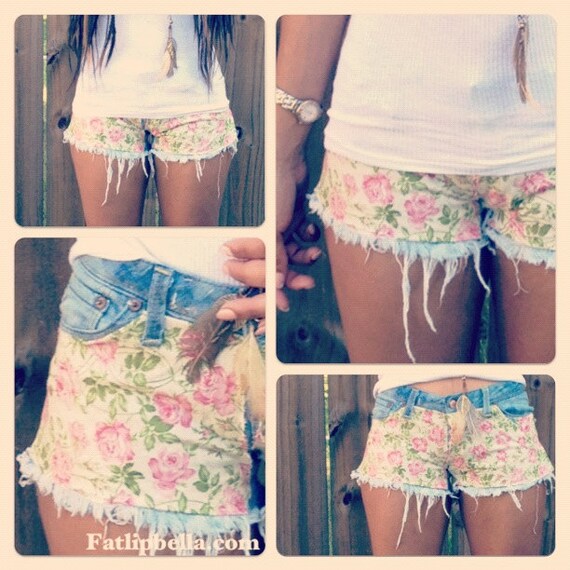 low rise cut off shorts, made to order. Floral print and frayed