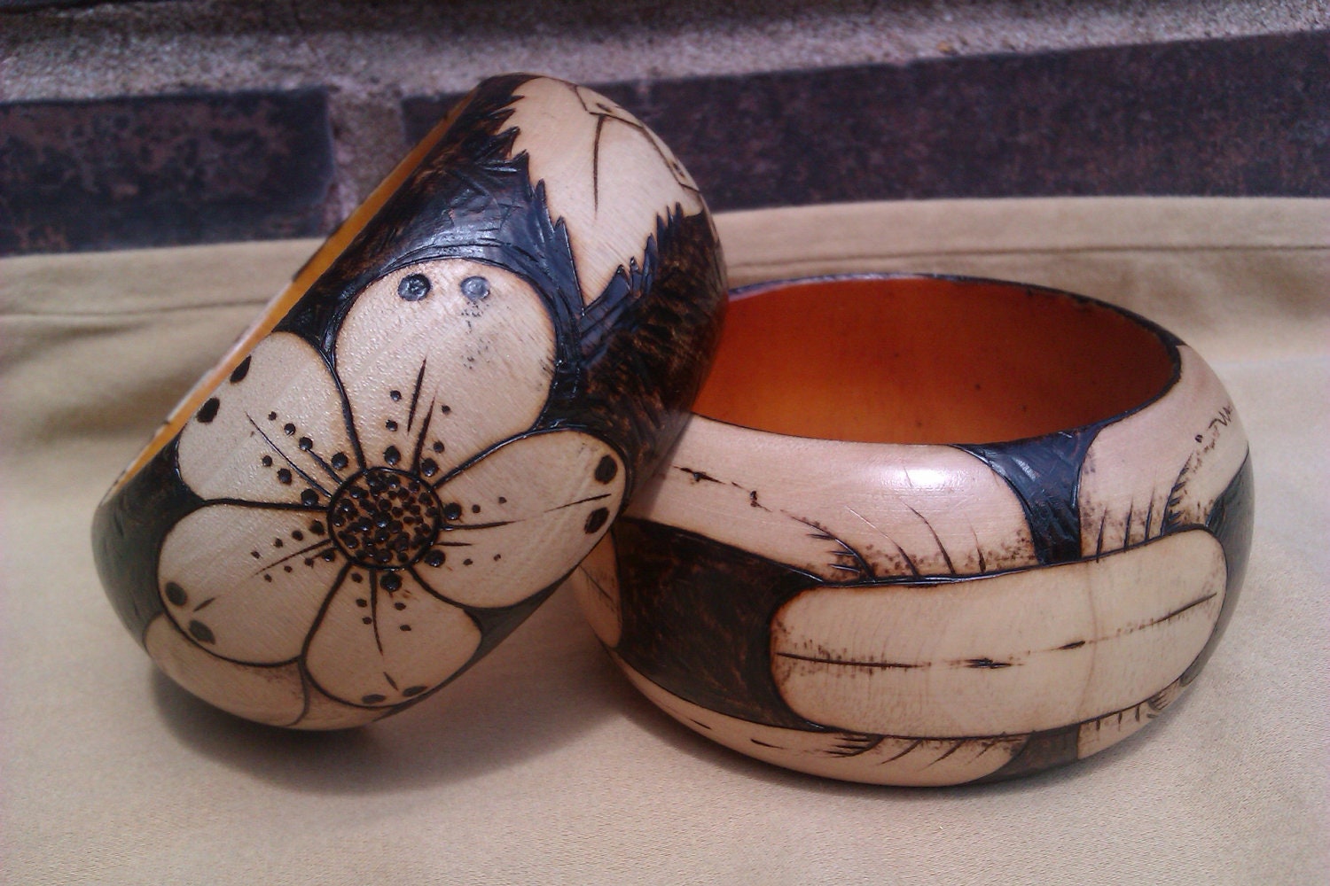 Handcrafted Wooden Bangle Wood Burned and Wood Stained Custom Pieces Available