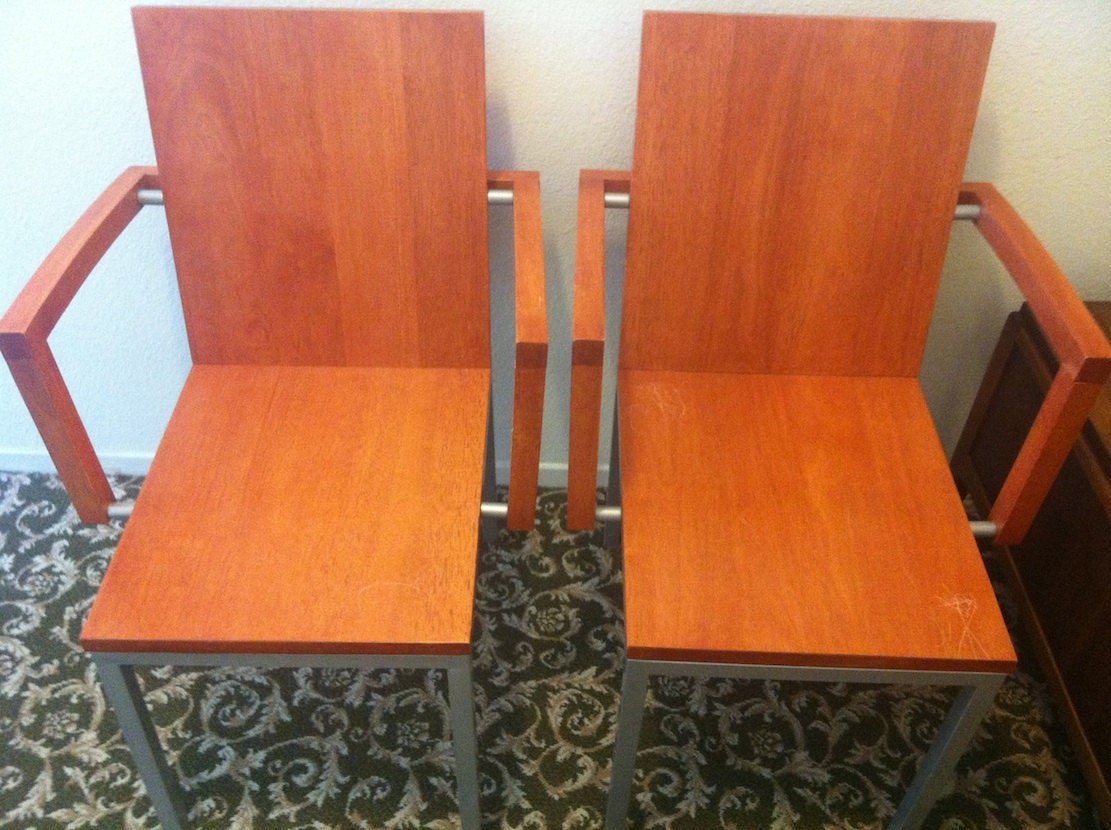 MID CENTURY MODERN style pair Rietveld Eames angular Meka wood steel metal chairs rare geometric chair