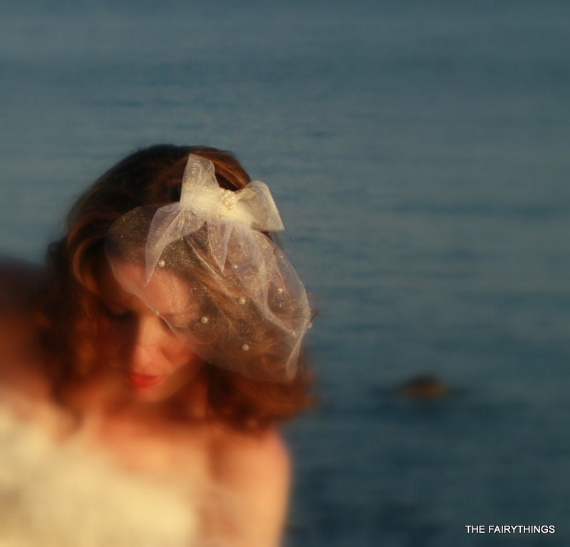 Wedding Birdcage Veil,  ivory pearl and illusion veil tulle bow Bridal Veil -MADE TO ORDER -Handmade Bridal Veils