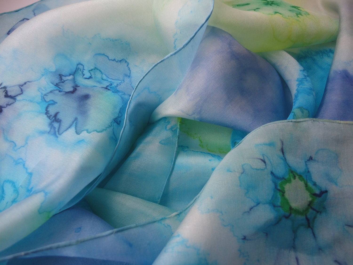 Nautical Ocean Breeze Handpainted Silk Scarf, Blue, Light Blue, Turquoise, Lime Green- READY TO SHIP