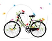 Old vintage bicycle with birds, leaves and flowers, digital clip art, clipart, clip-art, vector, printable, illustration, instant download