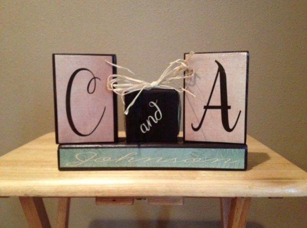 Personalized family initials last name wedding anniversary primitive wood block set home decor wedding birthday anniversary gift