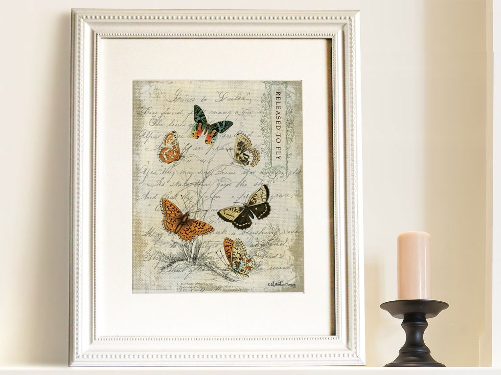 Christian art print Shabby chic artwork butterfly wall art digital collage natural colorful Vintage ephemera script 8x10 Released to Fly