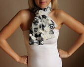 Woman silk scarf ''White and black'' with felted wool flowers gift idea christmas ny birthday eco/rusteam / team madcap/hmet