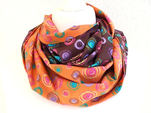 Brown and Orange Infinity scarf, circle scarf with dots turquoise, tangerine tango