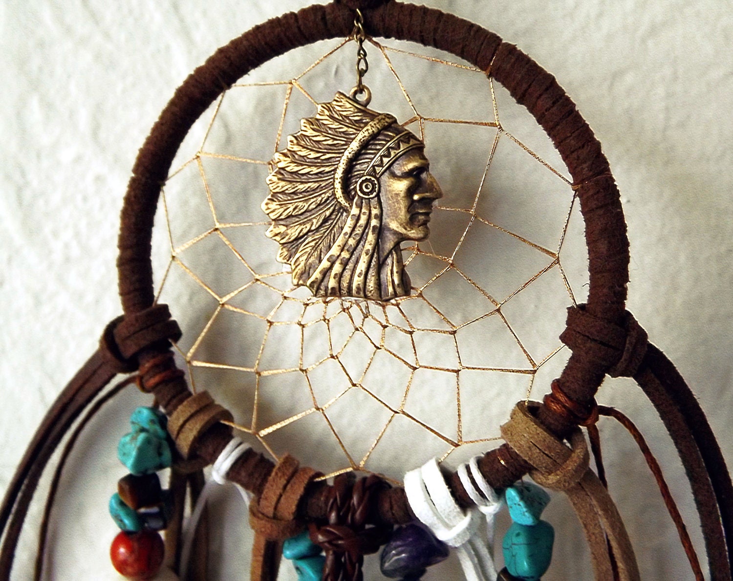 Navajo inspired bohemian crystal dreamcatcher wall hanging bronze and gold - CindersJewelryDesign
