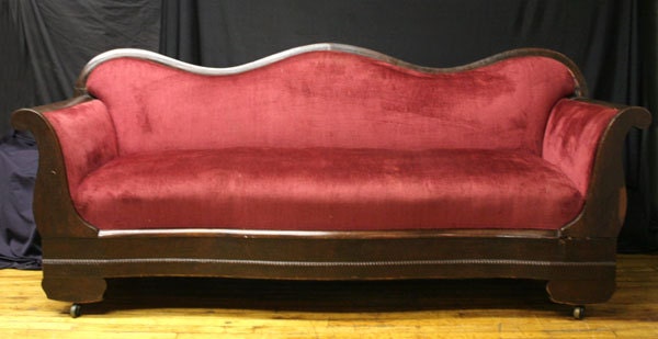 Antique Victorian Parlor Old Raspberry Color Velvet Serpentine Back Sofa Couch