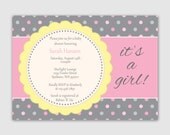 Flower Pink & Gray Polka Dot Simple Baby Shower Digital Printable Invitation JPEG File