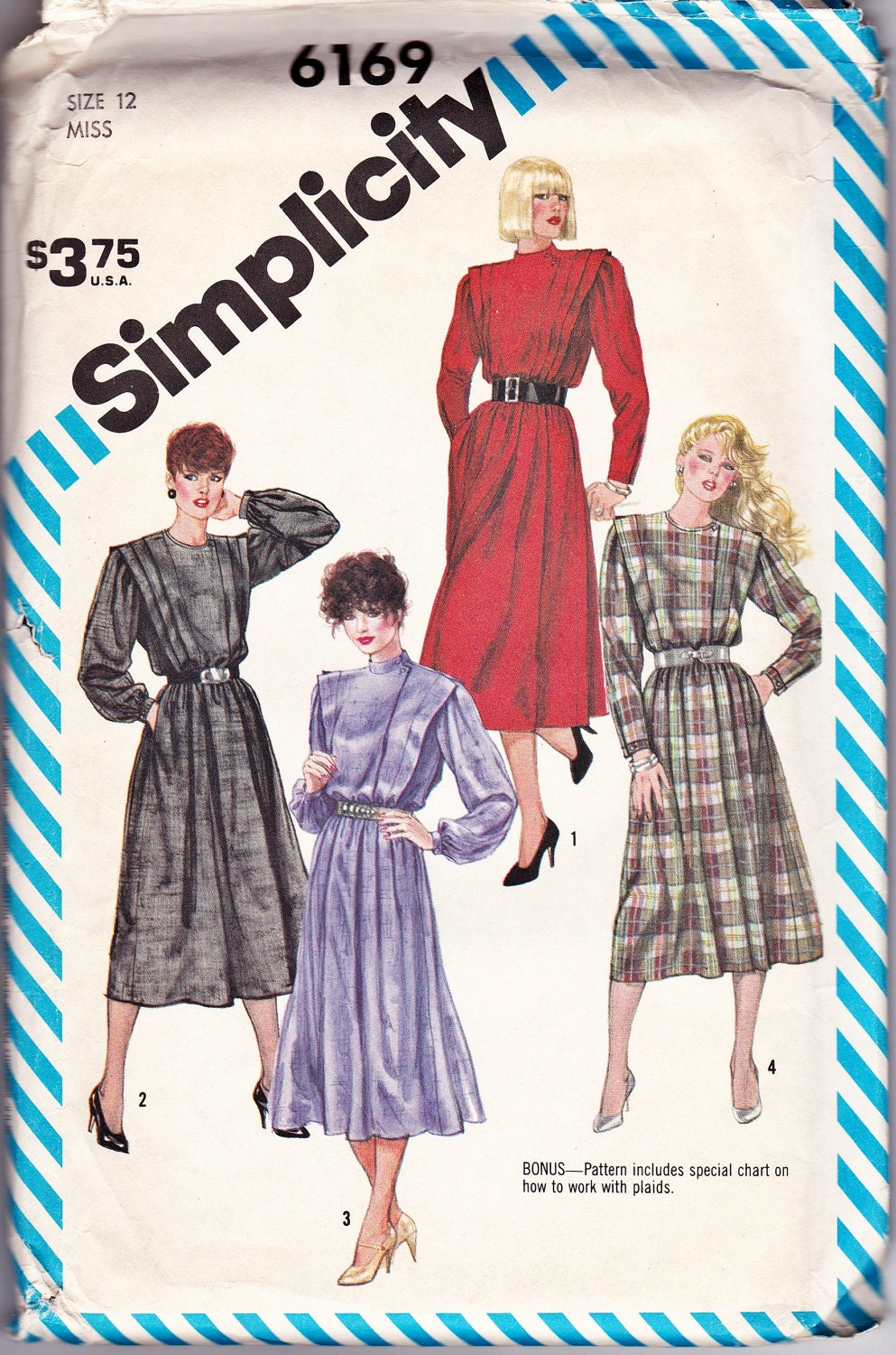 Simplicity 6169 Vintage 80s Flanged Shirtwaist Dress, Collar and Sleeve Variations Pattern, UNCUT