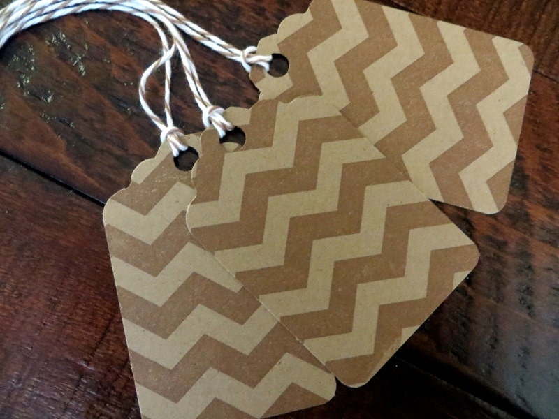 Small Kraft Chevron Gift Favor Hang Tags Gift Packaging - Hand Stamped Set of 10