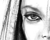 portrait drawing. beautiful woman looking over her shoulder. charcoal. PRINT