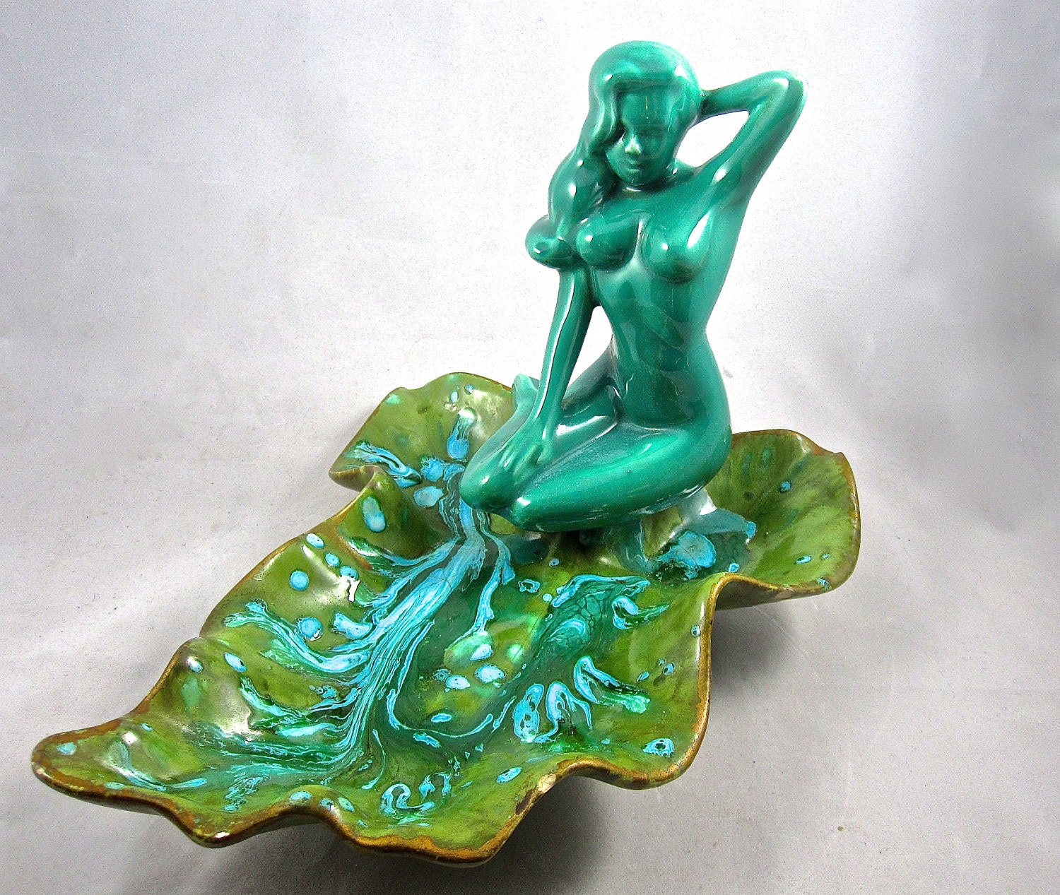 ON SALE Vintage Nude Female Perched on a Leaf Art Pottery Green Teal Gold