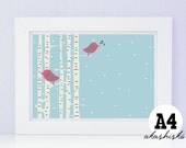 A4 print  (8.2 x 11.7 inch) lovely illustration with birds singing in  trees in winter, blue card with snowflakes, framed art