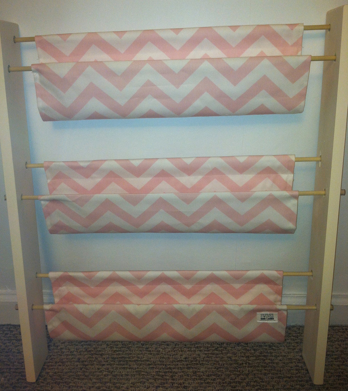 The Woven Book Ladder- Pink Chevron Fabric with Ivory Wood