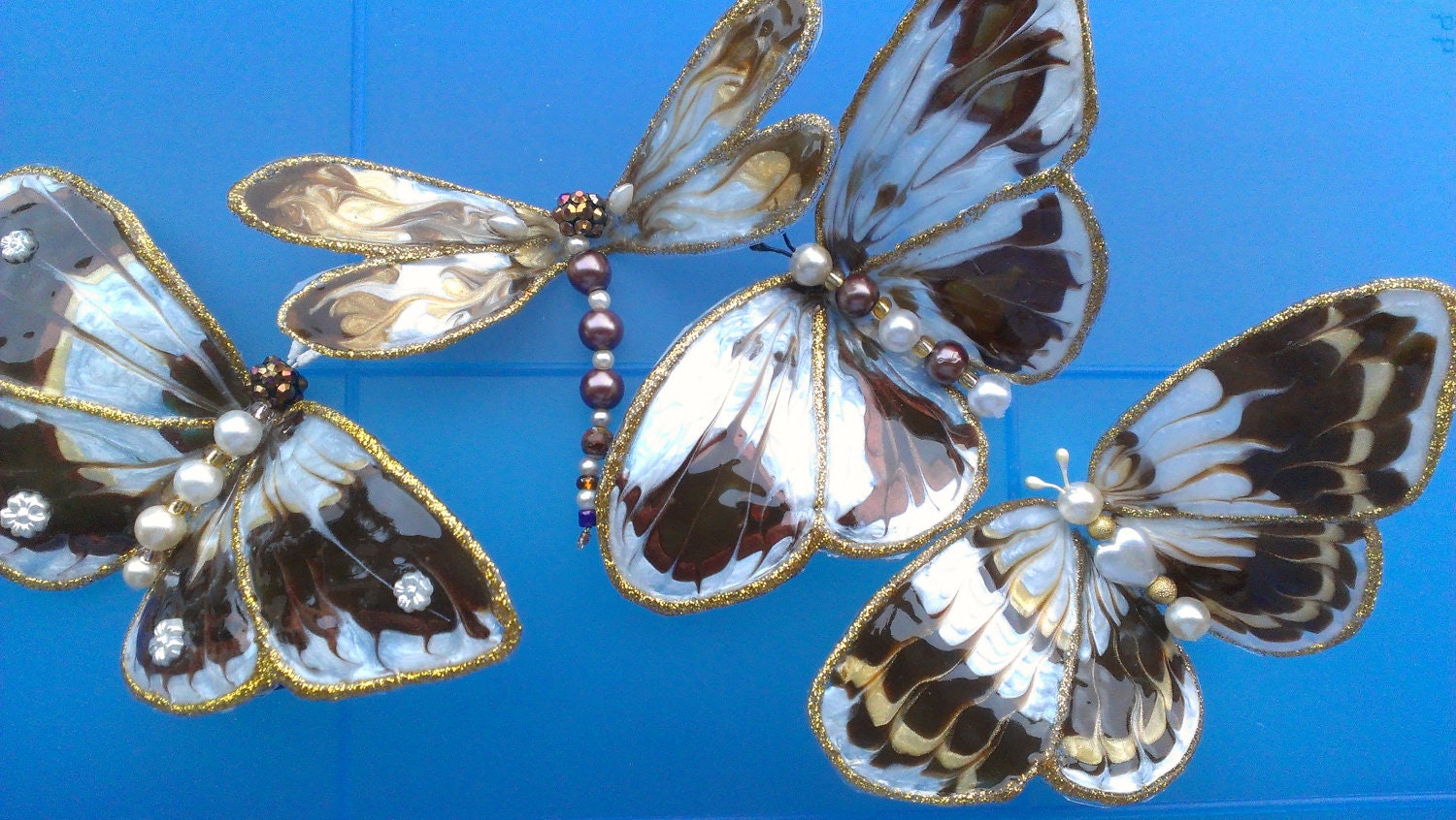 Brown and Pearl Butterflies Set of 4 ,hand painted