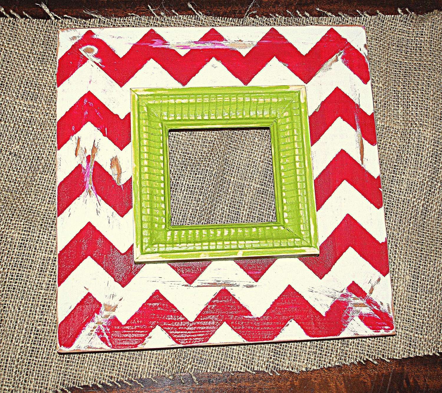 Vintage Distressed Christmas Chevron Red, White Wash and Green Picture Frame, 3x3 Picture Opening, 9x9 Total Size frame