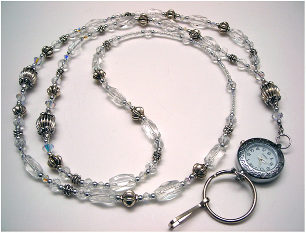 Swarovski Crystal Clear Glass Beads Silver Watch Beaded Lanyard ID Badge Holder
