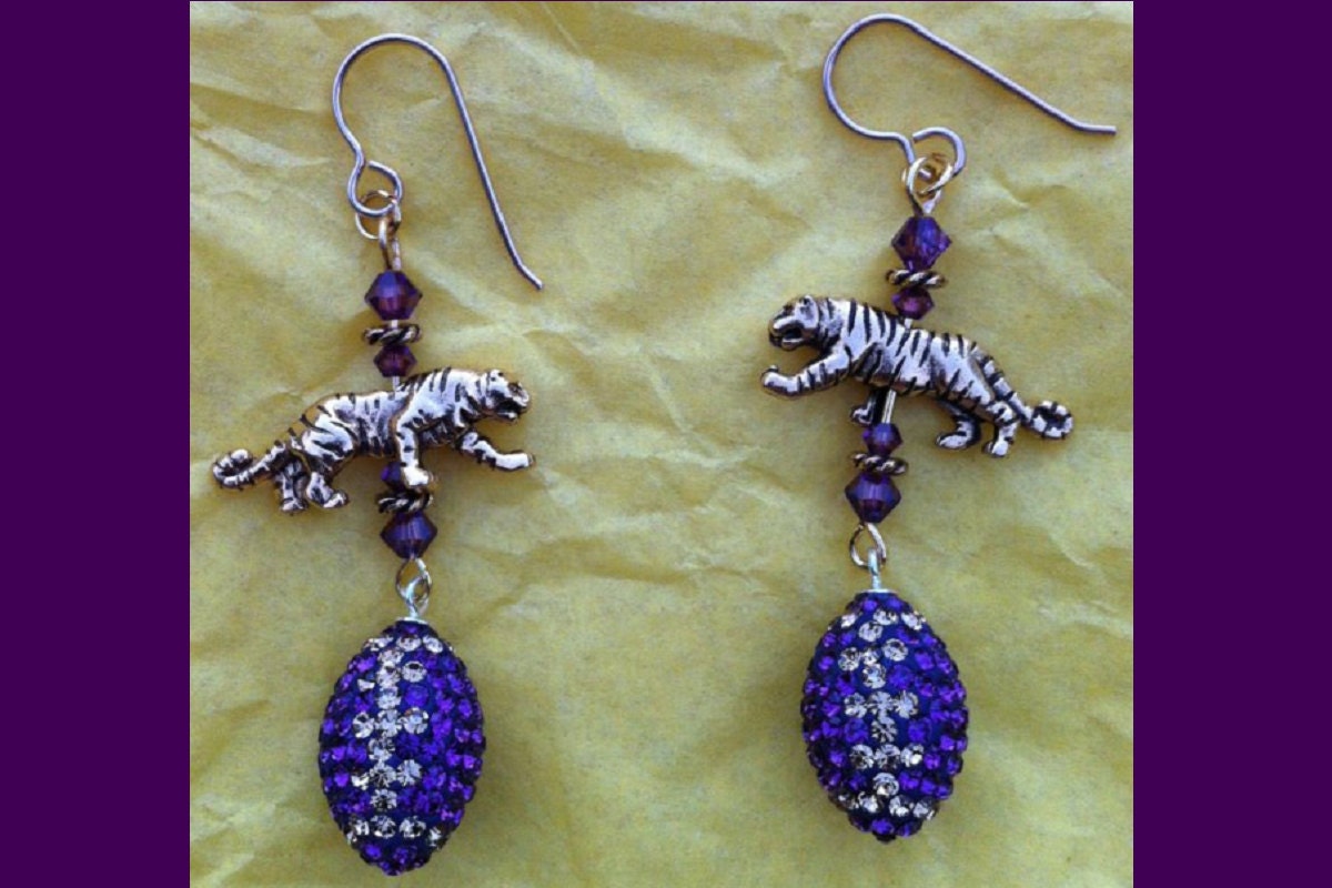 Crystal Football Earrings with Tigers