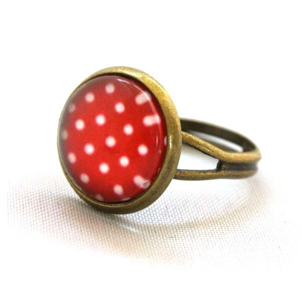 Ring Colourful, Cherry Red, White, Polka Dots, Pop Pattren, In Fashion Jewelry, Unique Gifts Kawaii