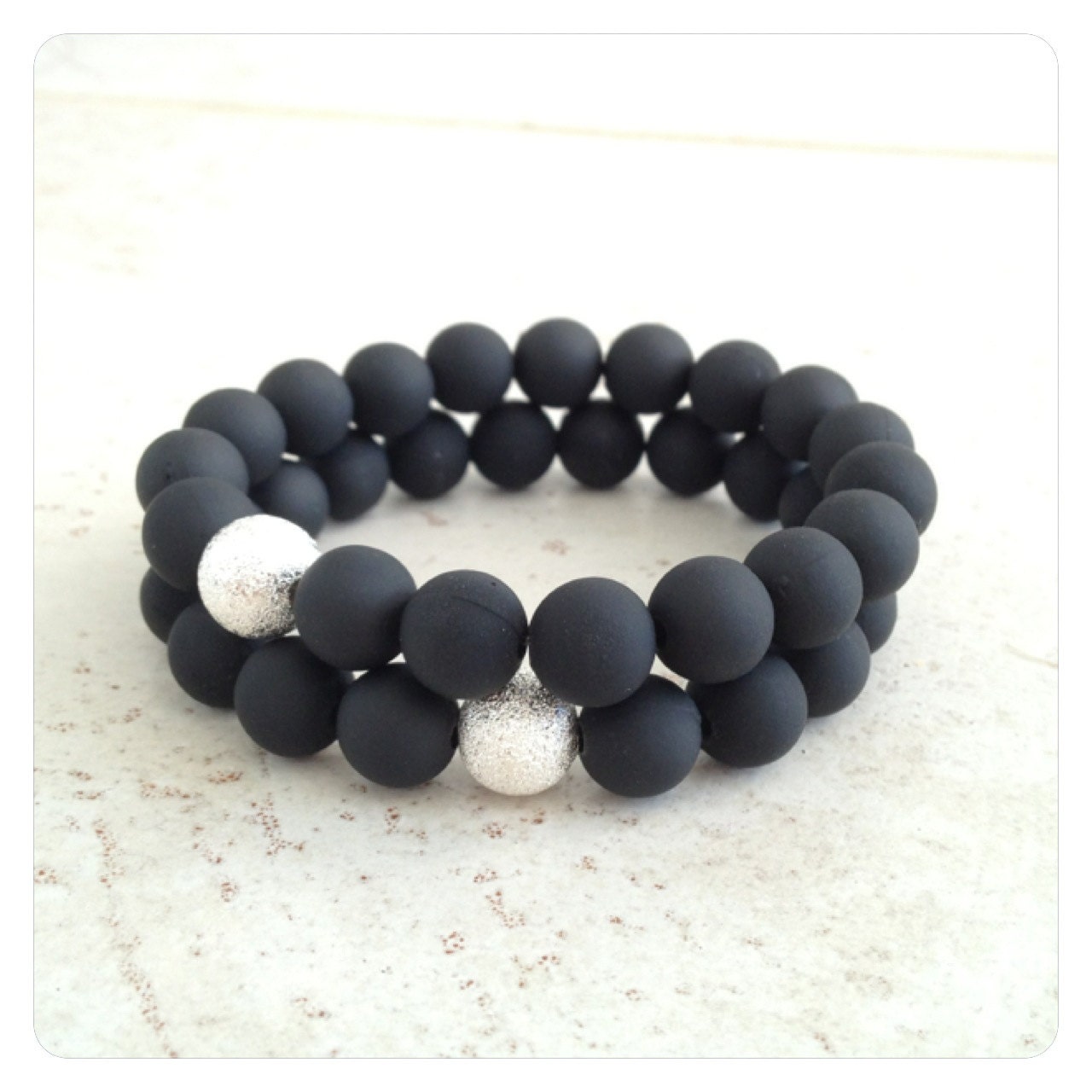 SALE Set of 2: Matte Black Beaded Bracelet Arm Candy Set