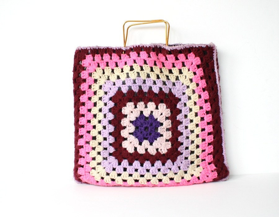 Crochet Tote Bag Vintage Crochet Granny Square Bag 1970s Handmade Vintage Hippie Chic, Pink Purple Burgundy