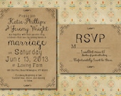 Wedding Invitation with RSVP card - Kraft  - Summer Wedding, Rustic Wedding Hand Drawn Bohemian Style