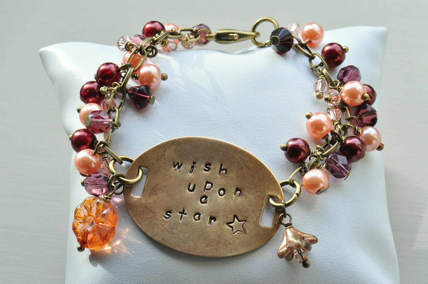 Wish Upon a Star Vintaj & Glass Bead Hand Stamped Bracelet, Peach and Amethyst UK Seller