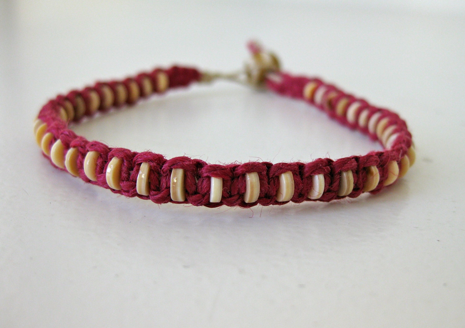Heishi bead and red hemp bracelet