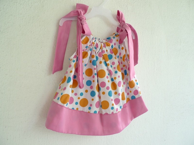 Pillow Case Dress - Blue Pink Orange Polkadots with Pink Border & Ties - new born to 18M (Ready to Ship)