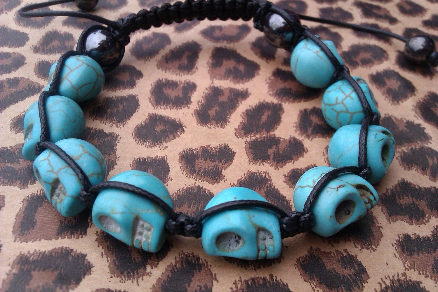 Shamballa Bracelet, wax cord with skull turquoise stone beads