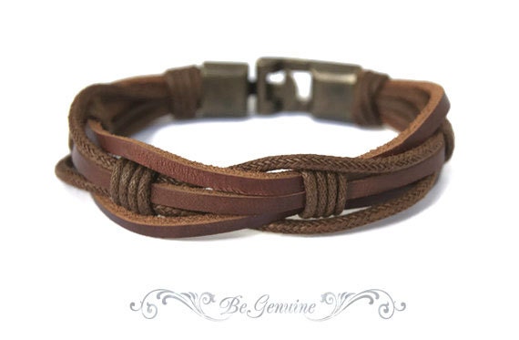 Men Leather bracelet - Rustic-Brown - Gift for Him -"Raw Leather" multi strand - unisex
