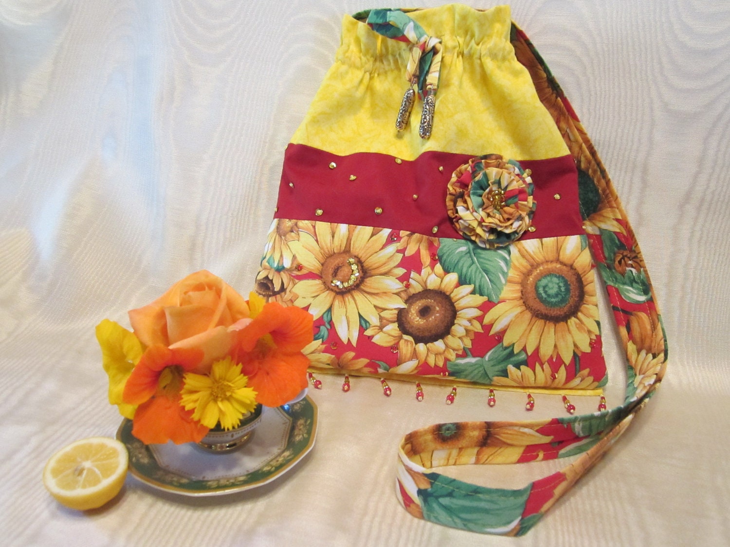Handbag Tote Book Beach Sewing Ballerina Bag Handmade Floral Beaded Sunflower