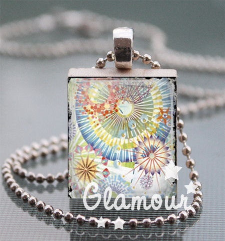 Scrabble Tile Pendant Necklace // Firework // Colorful Altered Art