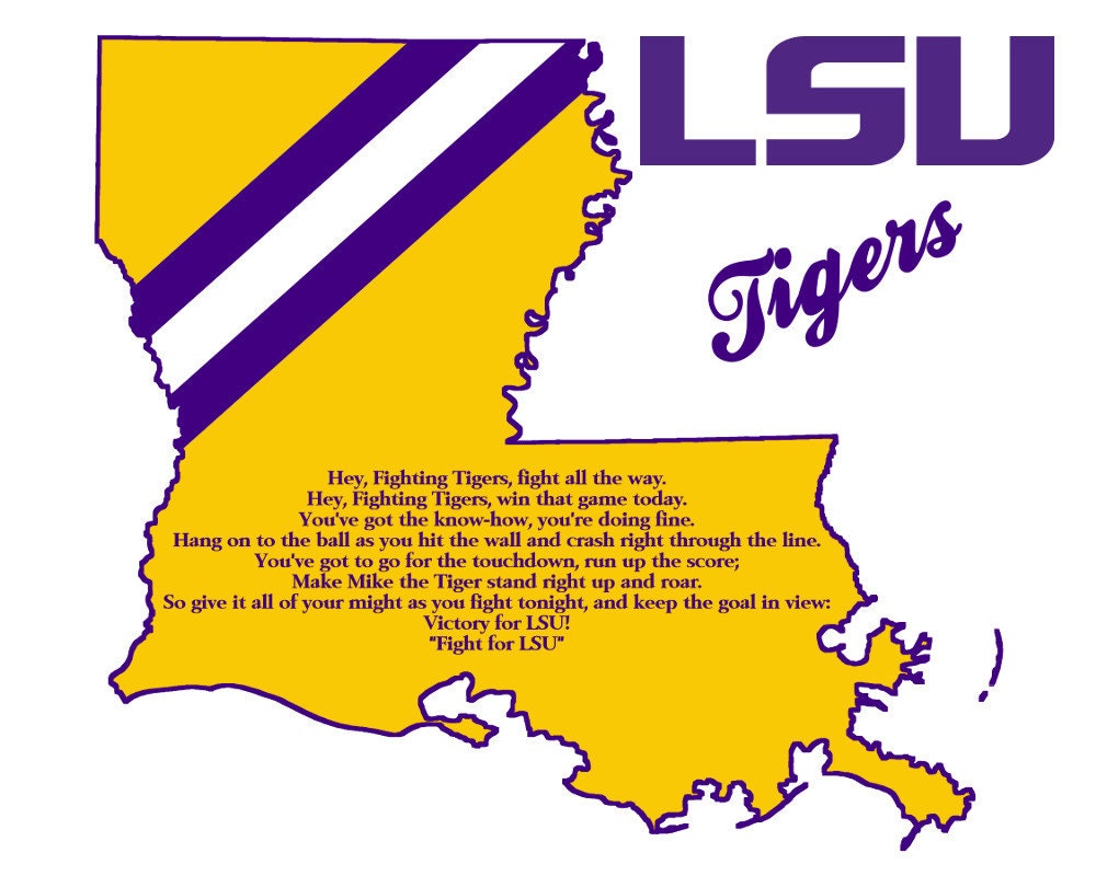 LSU Louisiana State Map Sports Football Fight Song Art Print Gift Home Decor Wall Art 8 x 10