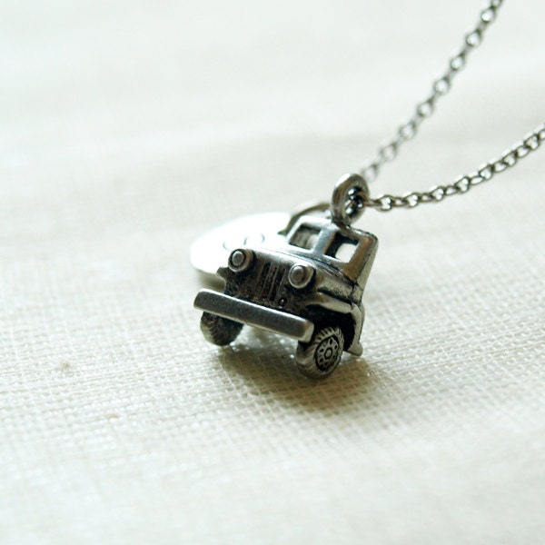 Jeep Car, initial necklace, initial hand stamped, Personalized necklace, antique silver pewter