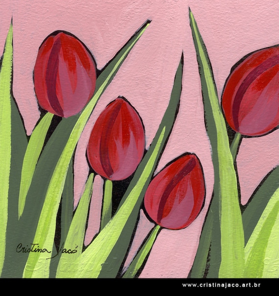 Acrylic painting on paper - Red tulips II - still life